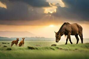 ein Pferd und zwei Hunde Weiden lassen im das Gras. KI-generiert foto