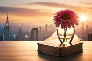 ein Blume im ein Vase auf ein Tabelle mit ein Stadtbild im das Hintergrund. KI-generiert foto