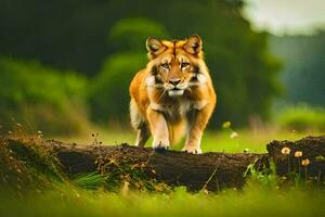 ein Löwe Gehen auf ein Log im das Gras. KI-generiert foto