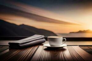 Kaffee Tasse auf das Tabelle mit Berge im das Hintergrund. KI-generiert foto