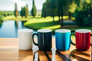 vier Kaffee Tassen auf ein Tabelle mit ein See im das Hintergrund. KI-generiert foto