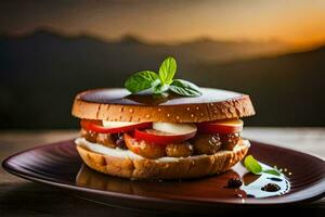 ein Hamburger mit Käse und Tomaten auf ein Platte. KI-generiert foto