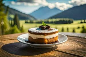 ein Dessert auf ein Teller im Vorderseite von Berge. KI-generiert foto