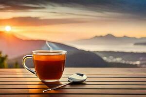 ein Tasse von Tee auf ein hölzern Tabelle mit ein Aussicht von das Berge. KI-generiert foto