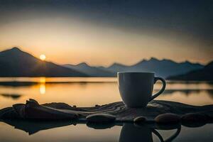 Kaffee Tasse auf das See, See, Berge, Sonnenaufgang, hd Hintergrund. KI-generiert foto