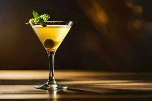 ein Cocktail mit ein Grün Olive Garnierung. KI-generiert foto