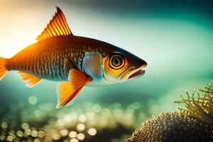 ein Fisch Schwimmen im das Ozean mit ein Sonne leuchtenden. KI-generiert foto