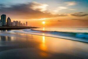 das Sonne setzt Über das Stadt Horizont im Dubai. KI-generiert foto