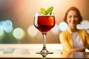 ein Frau Sitzung beim ein Bar mit ein Glas von Wein. KI-generiert foto