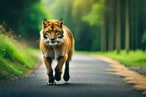 ein Tiger Gehen Nieder ein Straße im das Wald. KI-generiert foto