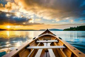 ein Kanu auf das Wasser beim Sonnenuntergang. KI-generiert foto
