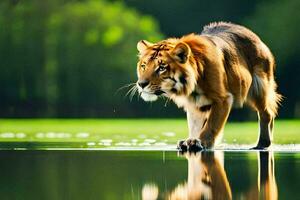 ein Tiger Gehen über ein Teich. KI-generiert foto