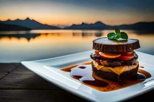 ein Burger auf ein Teller mit ein Sonnenuntergang im das Hintergrund. KI-generiert foto