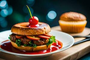 ein Hamburger mit ein Kirsche auf oben ist auf ein Platte. KI-generiert foto