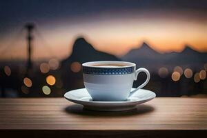 ein Tasse von Kaffee auf ein hölzern Tabelle im Vorderseite von ein Stadtbild. KI-generiert foto