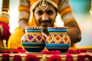ein Mann im traditionell indisch Kleidung sitzt Nächster zu zwei bunt Töpfe. KI-generiert foto