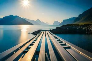 ein lange Seebrücke mit Berge im das Hintergrund. KI-generiert foto