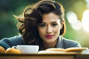 ein Frau Sitzung beim ein Tabelle mit ein Tasse von Kaffee und ein Stück von Brot. KI-generiert foto