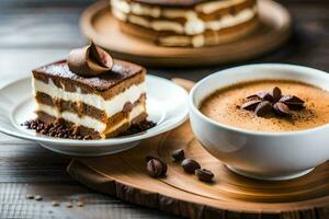 Kaffee und Kuchen auf ein hölzern Tisch. KI-generiert foto