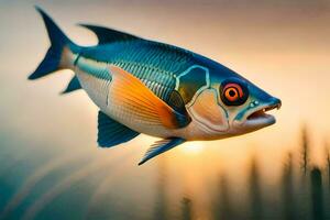 ein Fisch mit ein rot Auge ist fliegend Über Gras. KI-generiert foto