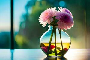 ein Vase mit Rosa Blumen Sitzung auf ein Tisch. KI-generiert foto