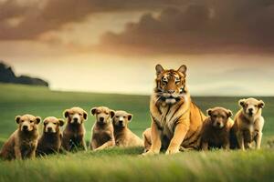 ein Tiger und ein Gruppe von Hunde im ein Feld. KI-generiert foto