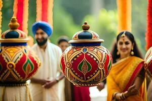 ein Paar im traditionell indisch Kleidung sind halten bunt Töpfe. KI-generiert foto