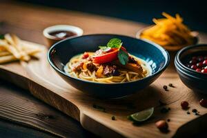 ein Teller von Pasta mit Tomaten, Tomaten und andere Zutaten. KI-generiert foto