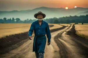 ein alt Mann Gehen Nieder ein Schmutz Straße beim Sonnenuntergang. KI-generiert foto