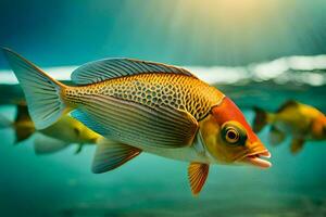 Fisch Schwimmen im das Ozean mit Sonnenlicht leuchtenden. KI-generiert foto