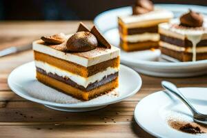 zwei Scheiben von Kuchen auf Weiß Platten mit Löffel. KI-generiert foto