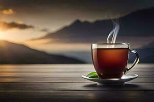 ein Tasse von Tee auf ein hölzern Tabelle mit Berge im das Hintergrund. KI-generiert foto