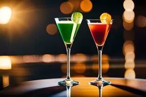 zwei bunt Cocktails auf ein Tabelle mit ein hell Hintergrund. KI-generiert foto
