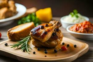 ein hölzern Schneiden Tafel mit Huhn, Brot und andere Lebensmittel. KI-generiert foto