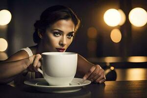 ein Frau ist Sitzung beim ein Tabelle mit ein Tasse von Kaffee. KI-generiert foto