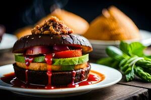 ein Burger mit Soße und Gemüse auf oben. KI-generiert foto