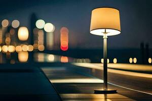 ein Lampe auf ein Tabelle im Vorderseite von ein Stadt Horizont. KI-generiert foto