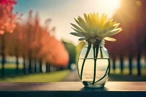 Gelb Blume im ein Vase auf ein Tisch. KI-generiert foto