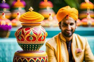 ein Mann im ein Turban posiert mit bunt Töpfe. KI-generiert foto