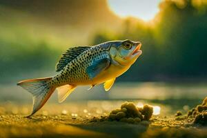 ein Fisch ist Springen aus von das Wasser beim Sonnenuntergang. KI-generiert foto