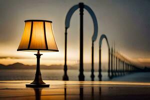 ein Lampe ist Sitzung auf ein Tabelle im Vorderseite von ein Brücke. KI-generiert foto