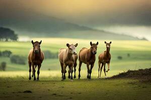 ein Gruppe von Pferde Gehen im das Feld. KI-generiert foto