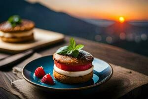 ein Dessert auf ein Teller mit ein Sonnenuntergang im das Hintergrund. KI-generiert foto