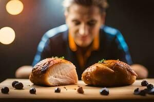 ein Mann ist suchen beim zwei Stücke von Fleisch auf ein Schneiden Tafel. KI-generiert foto