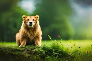 ein Hund Sitzung auf oben von ein Hügel im ein Feld. KI-generiert foto