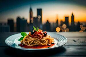 Spaghetti mit Tomate Soße und Basilikum auf ein Teller im Vorderseite von das Stadtbild. KI-generiert foto