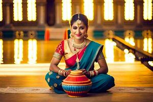 ein schön indisch Frau im traditionell Kleidung Sitzung auf das Fußboden mit ein Topf. KI-generiert foto