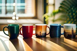 fünf anders farbig Tassen Sitzung auf ein Tisch. KI-generiert foto