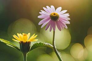 zwei Blumen sind Stehen im Vorderseite von ein Grün Hintergrund. KI-generiert foto