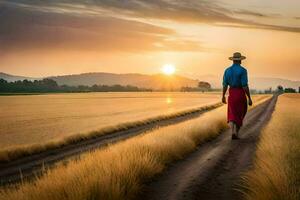 ein Frau Spaziergänge Nieder ein Schmutz Straße beim Sonnenuntergang. KI-generiert foto